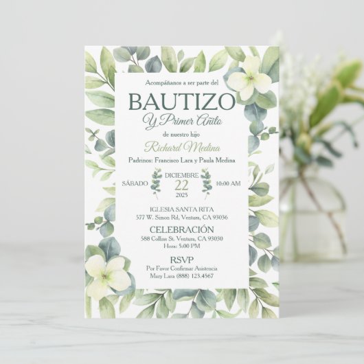 Schattigee doop en eerste verjaardag groene blader kaart (Staand voorkant)