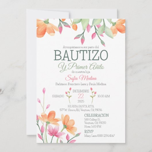 Schattigee doop en eerste verjaardag Waterverf Flo Kaart (Voorkant)