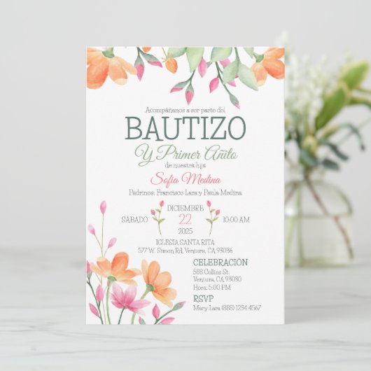 Schattigee doop en eerste verjaardag Waterverf Flo Kaart (Staand voorkant)