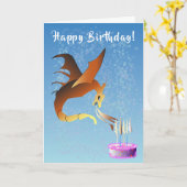 Schattigee draak blaast verjaardagskaarsen roze ta kaart (Gele Bloem)