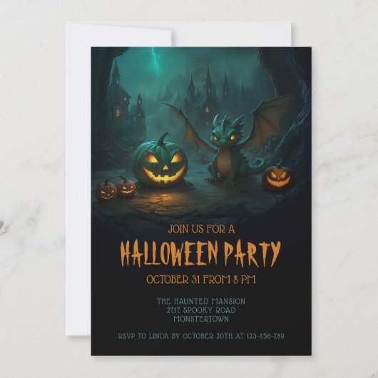 Schattigee draak met enge pompoenen Halloween Part Kaart (Voorkant)