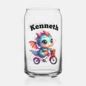Schattigee draak op een fiets met een lichte mand blikvorm glas (Achterkant)