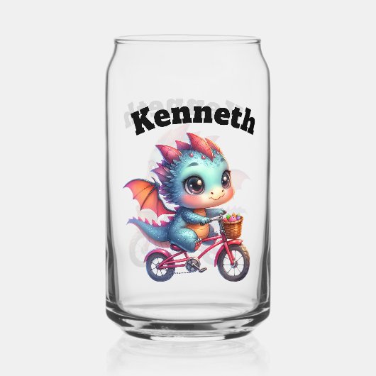 Schattigee draak op een fiets met een lichte mand blikvorm glas (Achterkant)