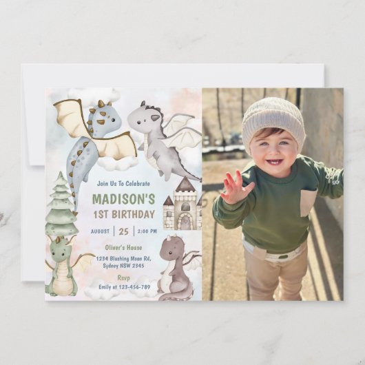 Schattigee Dragon Boy 1st Birthday Party Foto Kaart (Voorkant)