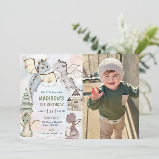 Schattigee Dragon Boy 1st Birthday Party Foto Kaart (Staand voorkant)