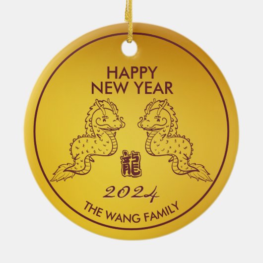 Schattigee Dragon Chinees Nieuwjaar 2024 Goud Keramisch Ornament (Achterkant)