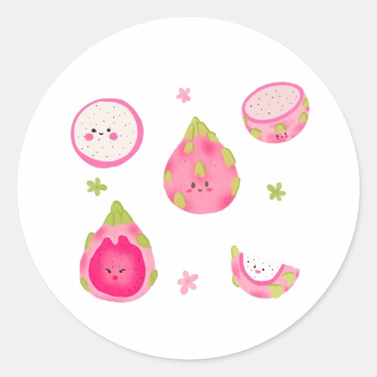 Schattigee Dragon Fruit Illustratie – Kawaii Pitay Ronde Sticker (Voorkant)
