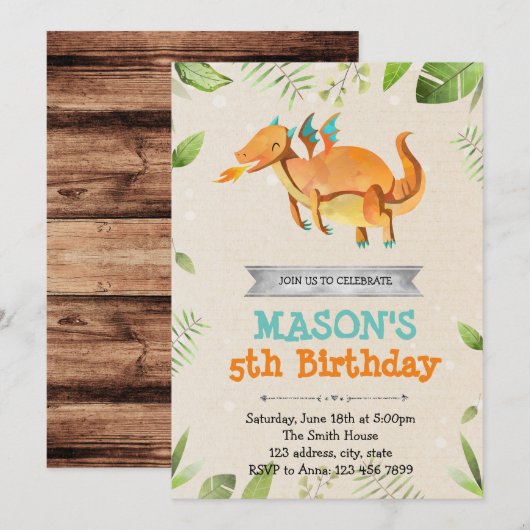 Schattigee Dragon verjaardagsfeestje uitnodiging (Voorkant / Achterkant)