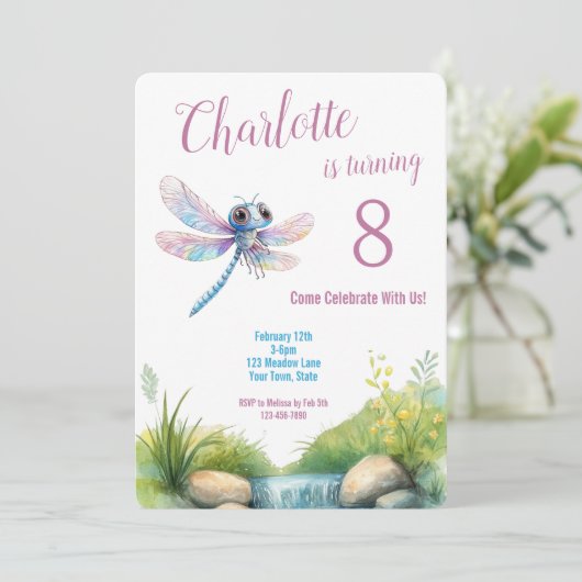 Schattigee Dragonfly Waterverf Meisje Verjaardag Kaart (Staand voorkant)