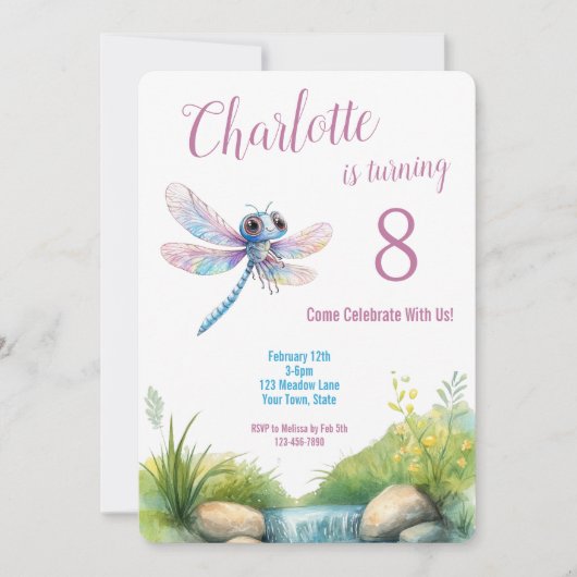 Schattigee Dragonfly Waterverf Meisje Verjaardag Kaart (Voorkant)