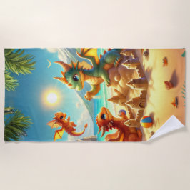 Schattigee draken bouwen zandkastelen op het stran strandlaken