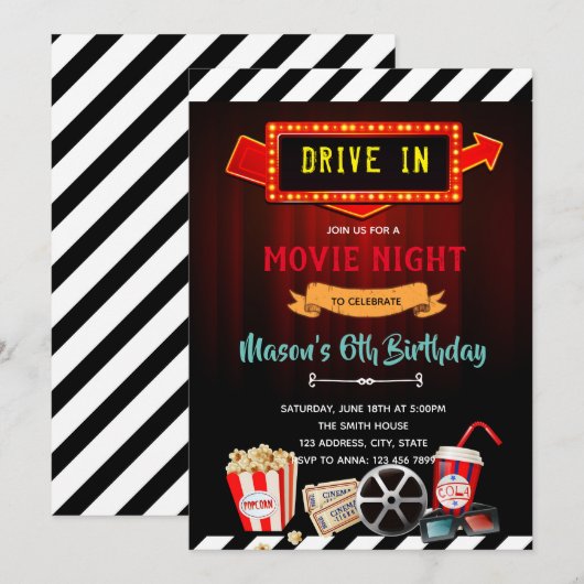 Schattigee drive in film avond themafeest uitnodig kaart (Voorkant / Achterkant)