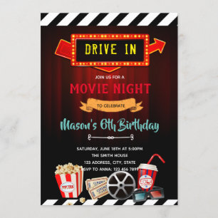 Schattigee drive in film avond themafeest uitnodig kaart