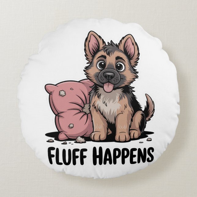 Schattigee Duitse Herder Puppy "Fluff Happens" Hon Rond Kussen (Voorkant)