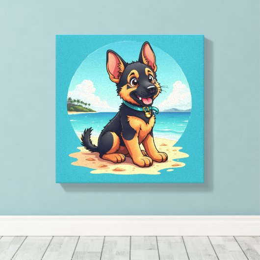Schattigee Duitse Herder Puppy Strandillustratie Canvas Afdruk (Insitu (Houten vloer))