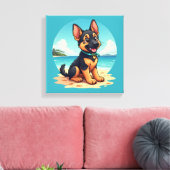 Schattigee Duitse Herder Puppy Strandillustratie Canvas Afdruk (Insitu (Woonkamer))