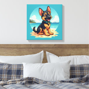 Schattigee Duitse Herder Puppy Strandillustratie Canvas Afdruk