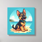 Schattigee Duitse Herder Puppy Strandillustratie Canvas Afdruk (Voorkant)