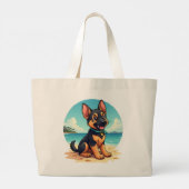 Schattigee Duitse Herder Puppy Strandillustratie Grote Tote Bag (Achterkant)