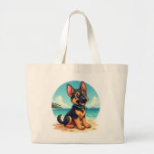 Schattigee Duitse Herder Puppy Strandillustratie Grote Tote Bag (Voorkant)