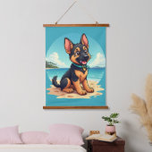 Schattigee Duitse Herder Puppy Strandillustratie Hangend Wandkleed (Slaapkamer)