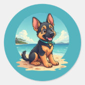 Schattigee Duitse Herder Puppy Strandillustratie Ronde Sticker (Voorkant)