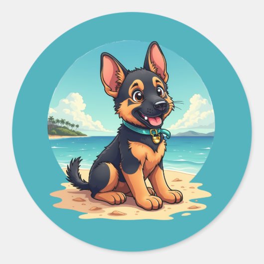 Schattigee Duitse Herder Puppy Strandillustratie Ronde Sticker (Voorkant)