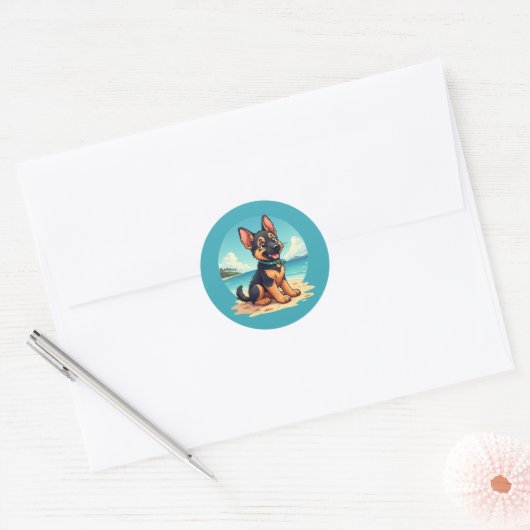 Schattigee Duitse Herder Puppy Strandillustratie Ronde Sticker (Envelop)