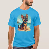 Schattigee Duitse Herder Puppy Strandillustratie T-shirt (Voorkant)