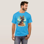 Schattigee Duitse Herder Puppy Strandillustratie T-shirt (Voorkant volledig)