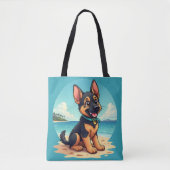 Schattigee Duitse Herder Puppy Strandillustratie Tote Bag (Voorkant)