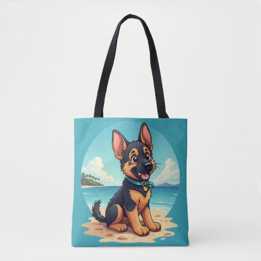 Schattigee Duitse Herder Puppy Strandillustratie Tote Bag (Voorkant)