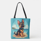 Schattigee Duitse Herder Puppy Strandillustratie Tote Bag (Achterkant)
