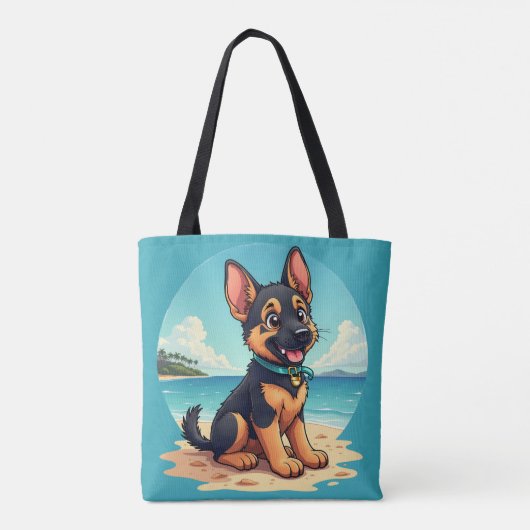Schattigee Duitse Herder Puppy Strandillustratie Tote Bag (Achterkant)