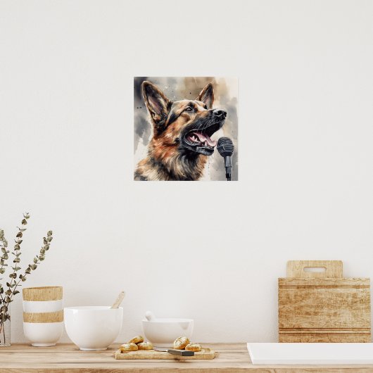 Schattigee Duitse Herder zingen door microfoon Poster (Keuken)