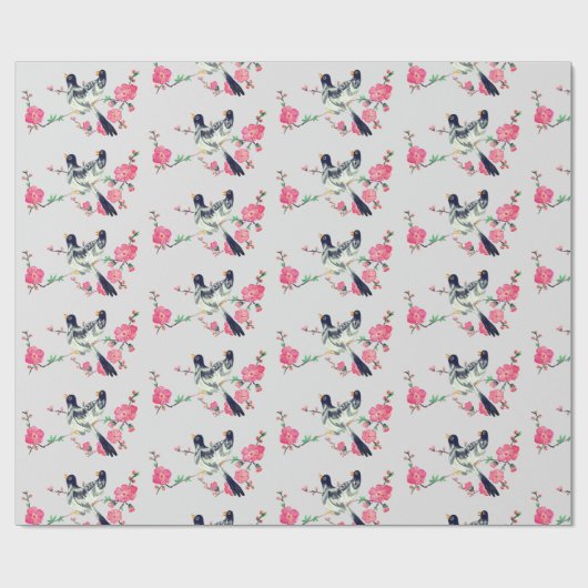 Schattigee Duivenvogels Zwart Grijs Roze Bloemen Cadeaupapier (Vlak)