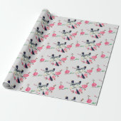 Schattigee Duivenvogels Zwart Grijs Roze Bloemen Cadeaupapier (Uitgerold)