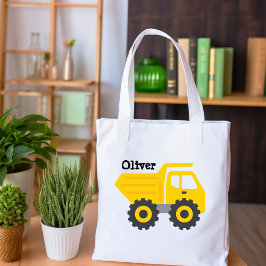 Schattigee Dump Truck geel School naam Tote Bag