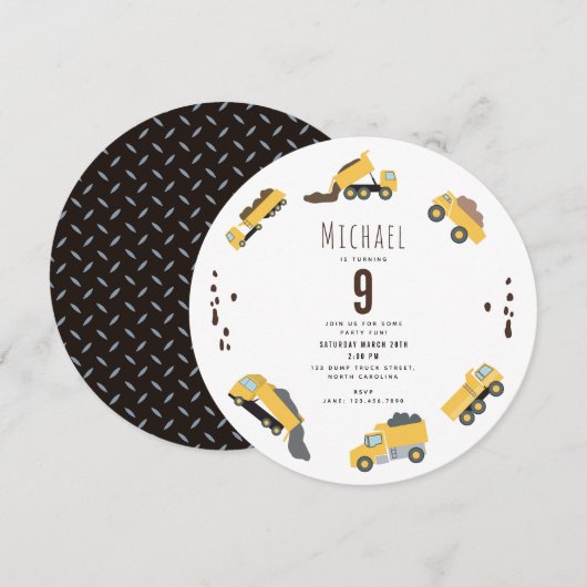 Schattigee Dump Trucks Bouwcirkel Verjaardag Kaart (Voorkant / Achterkant)