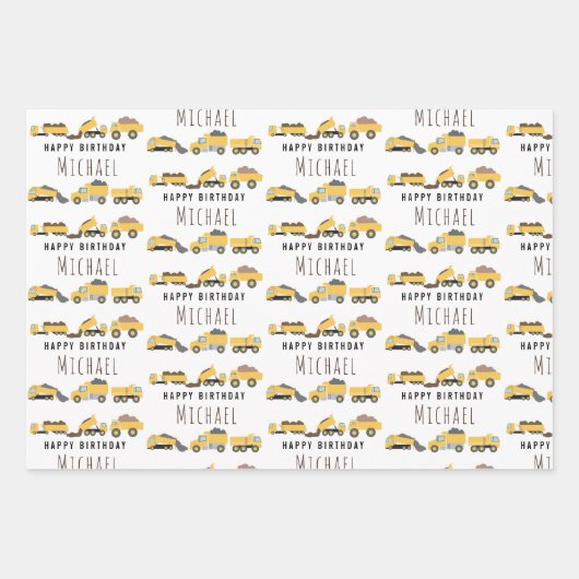 Schattigee Dump Trucks Bouwwagens Aangepaste naam Inpakpapier Vel (Voorkant 3)