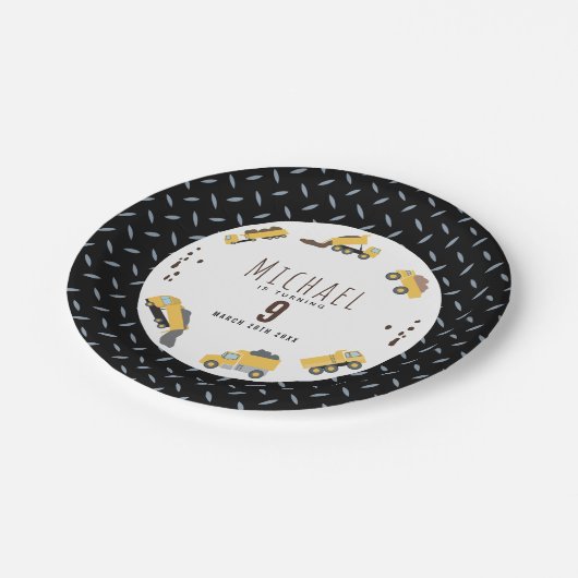 Schattigee Dump Trucks Bouwwagens Verjaardag Papieren Bordje (Gekanteld)