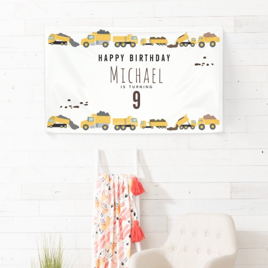 Schattigee Dump Trucks Bouwwagens Verjaardag Spandoek (Insitu)