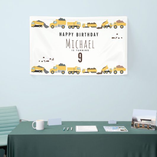 Schattigee Dump Trucks Bouwwagens Verjaardag Spandoek (Beurs)