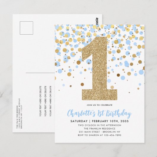 Schattigee Dusty Blue Gold Glitter Confetti 1e Ver Briefkaart (Voorkant / Achterkant)