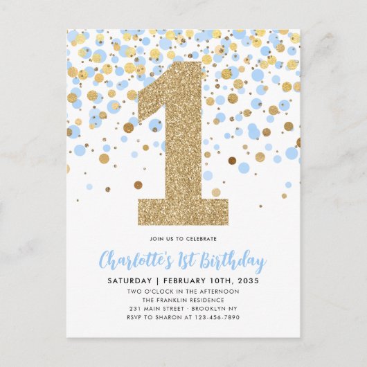 Schattigee Dusty Blue Gold Glitter Confetti 1e Ver Briefkaart (Voorkant)