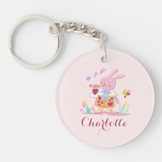 Schattigee Easter Bunny Egg Pattern Roze Foto Sleutelhanger (Voorkant)
