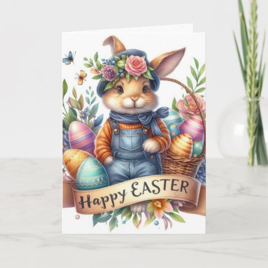 Schattigee Easter Bunny Overalls Illustratie Feestdagen Kaart (Voorkant)