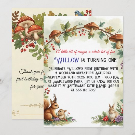 Schattigee eekhoorn en konijn eerste verjaardagsfe kaart (Voorkant / Achterkant)