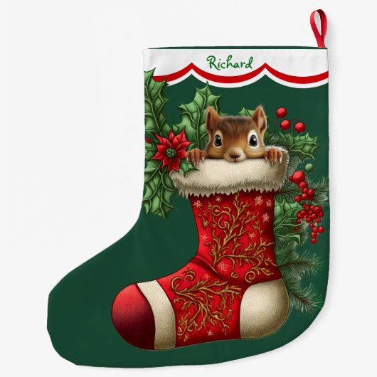 Schattigee eekhoorn gluren grote kerstsok (Achterkant)