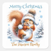 Schattigee eekhoorn in de sneeuw gepersonaliseerde vierkante sticker (Voorkant)
